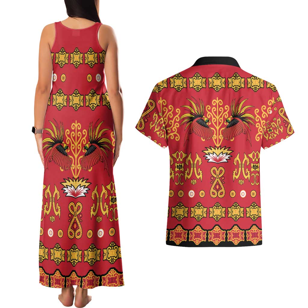 Papua Batik Motif Couples Matching Tank Maxi Dress and Hawaiian Shirt Papua Spirit Red Version LT05 - Polynesian Pride