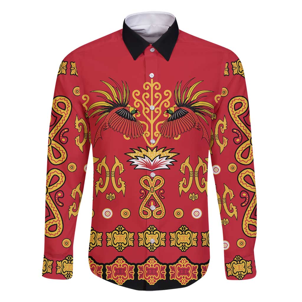 Papua Batik Motif Family Matching Long Sleeve Bodycon Dress and Hawaiian Shirt Papua Spirit Red Version LT05 Dad's Shirt - Long Sleeve Red - Polynesian Pride