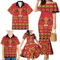 Papua Batik Motif Family Matching Mermaid Dress and Hawaiian Shirt Papua Spirit Red Version LT05 - Polynesian Pride