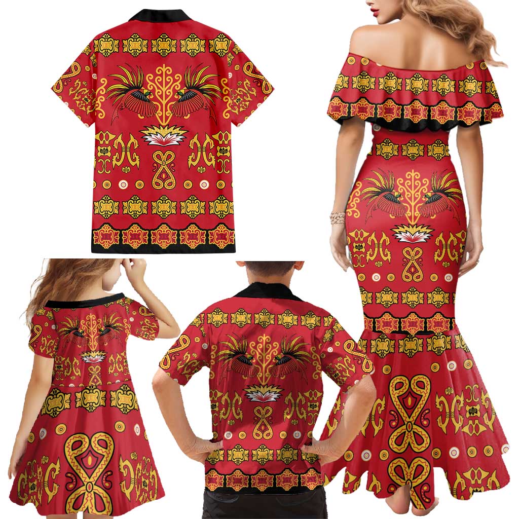 Papua Batik Motif Family Matching Mermaid Dress and Hawaiian Shirt Papua Spirit Red Version LT05 - Polynesian Pride