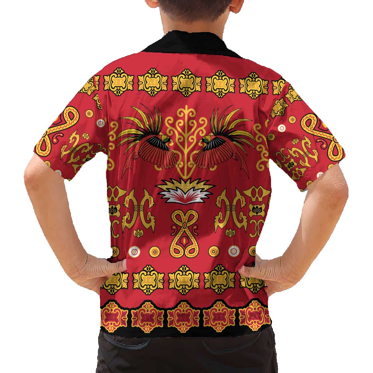 Papua Batik Motif Family Matching Off The Shoulder Long Sleeve Dress and Hawaiian Shirt Papua Spirit Red Version LT05 - Polynesian Pride