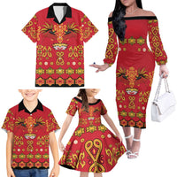Papua Batik Motif Family Matching Off The Shoulder Long Sleeve Dress and Hawaiian Shirt Papua Spirit Red Version LT05 - Polynesian Pride