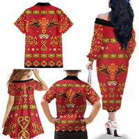 Papua Batik Motif Family Matching Off The Shoulder Long Sleeve Dress and Hawaiian Shirt Papua Spirit Red Version LT05 - Polynesian Pride