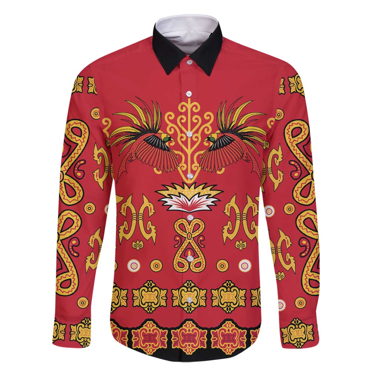 Papua Batik Motif Family Matching Off The Shoulder Long Sleeve Dress and Hawaiian Shirt Papua Spirit Red Version LT05 Dad's Shirt - Long Sleeve Red - Polynesian Pride