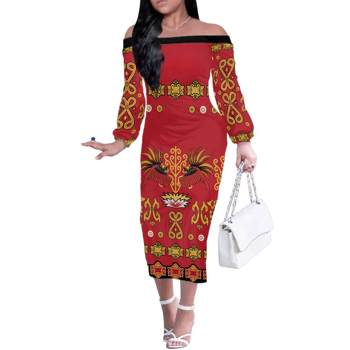 Papua Batik Motif Family Matching Off The Shoulder Long Sleeve Dress and Hawaiian Shirt Papua Spirit Red Version LT05 Mom's Dress Red - Polynesian Pride