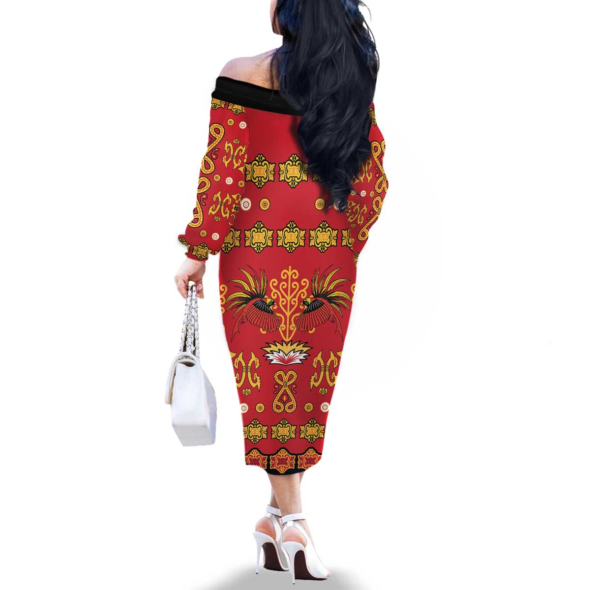 Papua Batik Motif Family Matching Off The Shoulder Long Sleeve Dress and Hawaiian Shirt Papua Spirit Red Version LT05 - Polynesian Pride