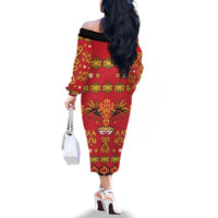 Papua Batik Motif Family Matching Off The Shoulder Long Sleeve Dress and Hawaiian Shirt Papua Spirit Red Version LT05 - Polynesian Pride