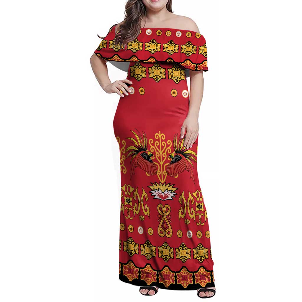 Papua Batik Motif Family Matching Off Shoulder Maxi Dress and Hawaiian Shirt Papua Spirit Red Version LT05 Mom's Dress Red - Polynesian Pride