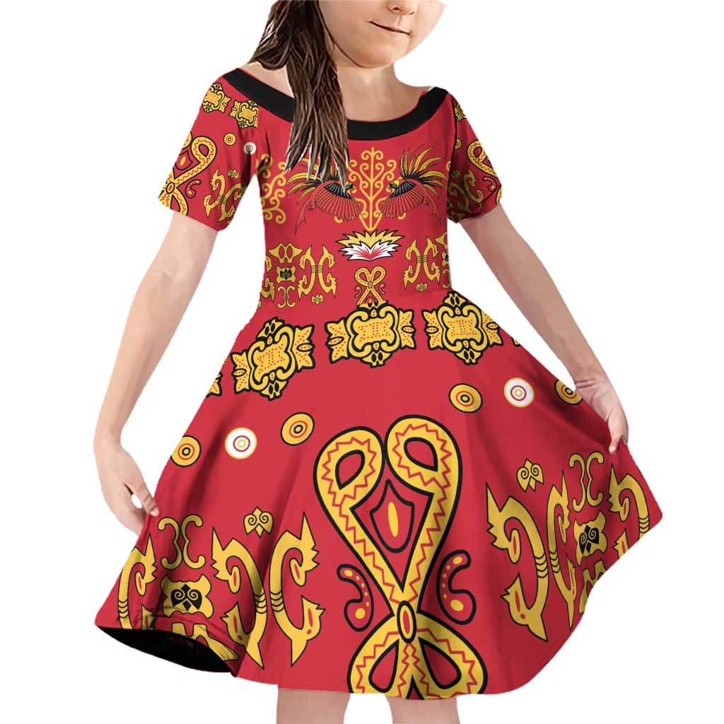 Papua Batik Motif Family Matching Off Shoulder Short Dress and Hawaiian Shirt Papua Spirit Red Version LT05 Daughter's Dress Red - Polynesian Pride