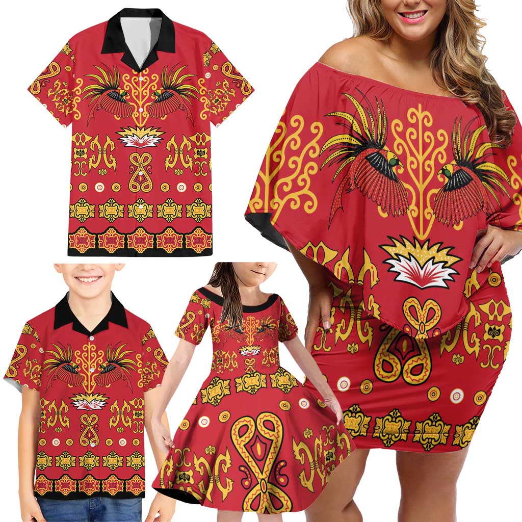 Papua Batik Motif Family Matching Off Shoulder Short Dress and Hawaiian Shirt Papua Spirit Red Version LT05 - Polynesian Pride
