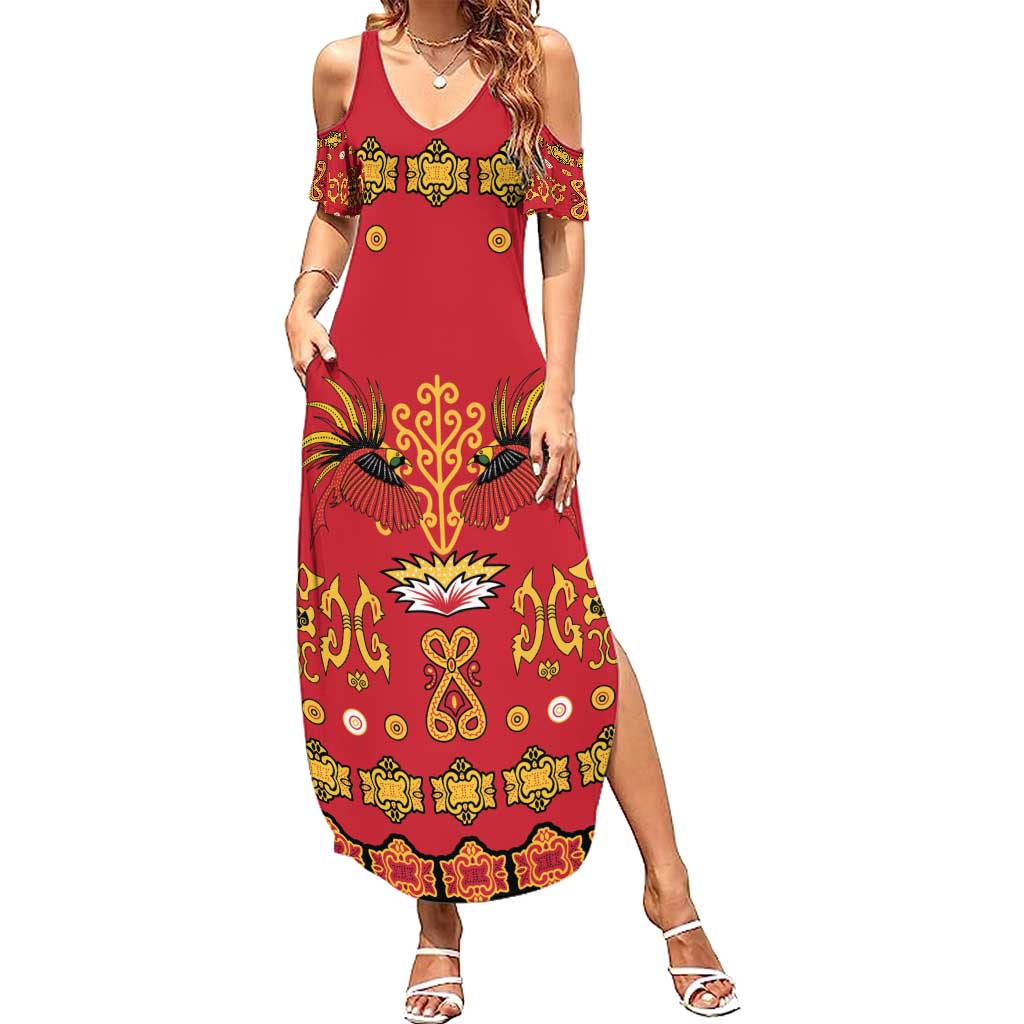 Papua Batik Motif Family Matching Summer Maxi Dress and Hawaiian Shirt Papua Spirit Red Version LT05 Mom's Dress Red - Polynesian Pride
