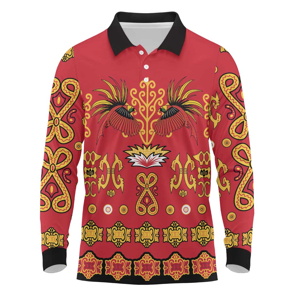 Papua Batik Motif Long Sleeve Polo Shirt Papua Spirit Red Version LT05 Red - Polynesian Pride