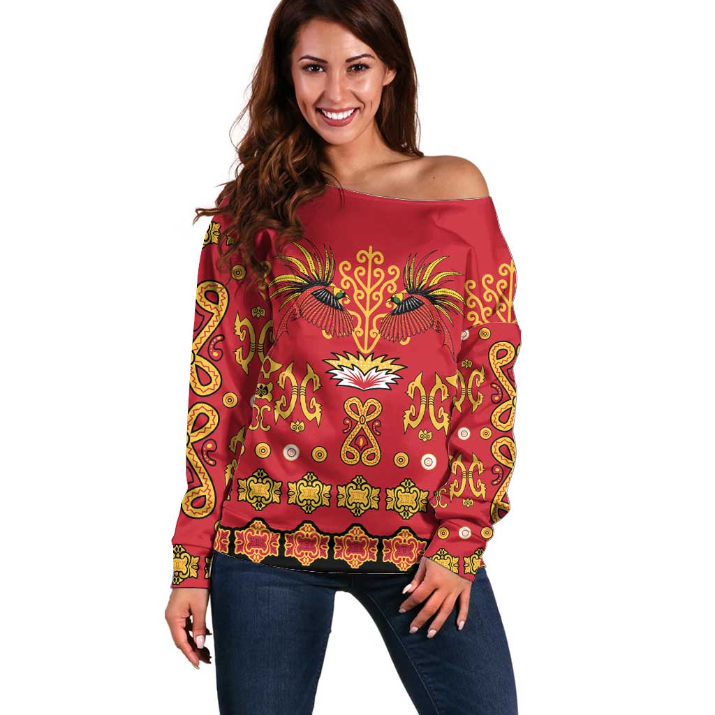 Papua Batik Motif Off Shoulder Sweater Papua Spirit Red Version - Polynesian Pride