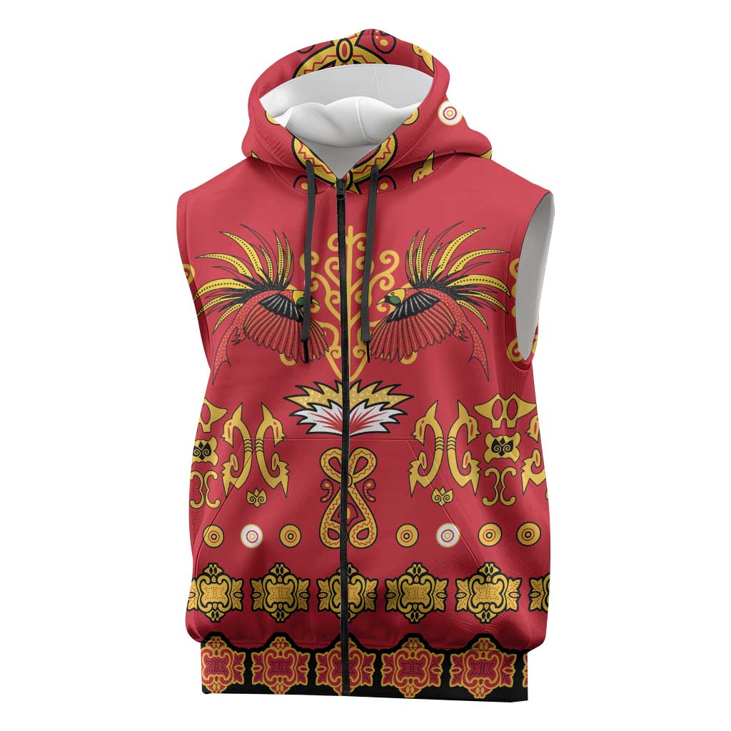 Papua Batik Motif Sleeveless Zip Hoodie Papua Spirit Red Version - Polynesian Pride