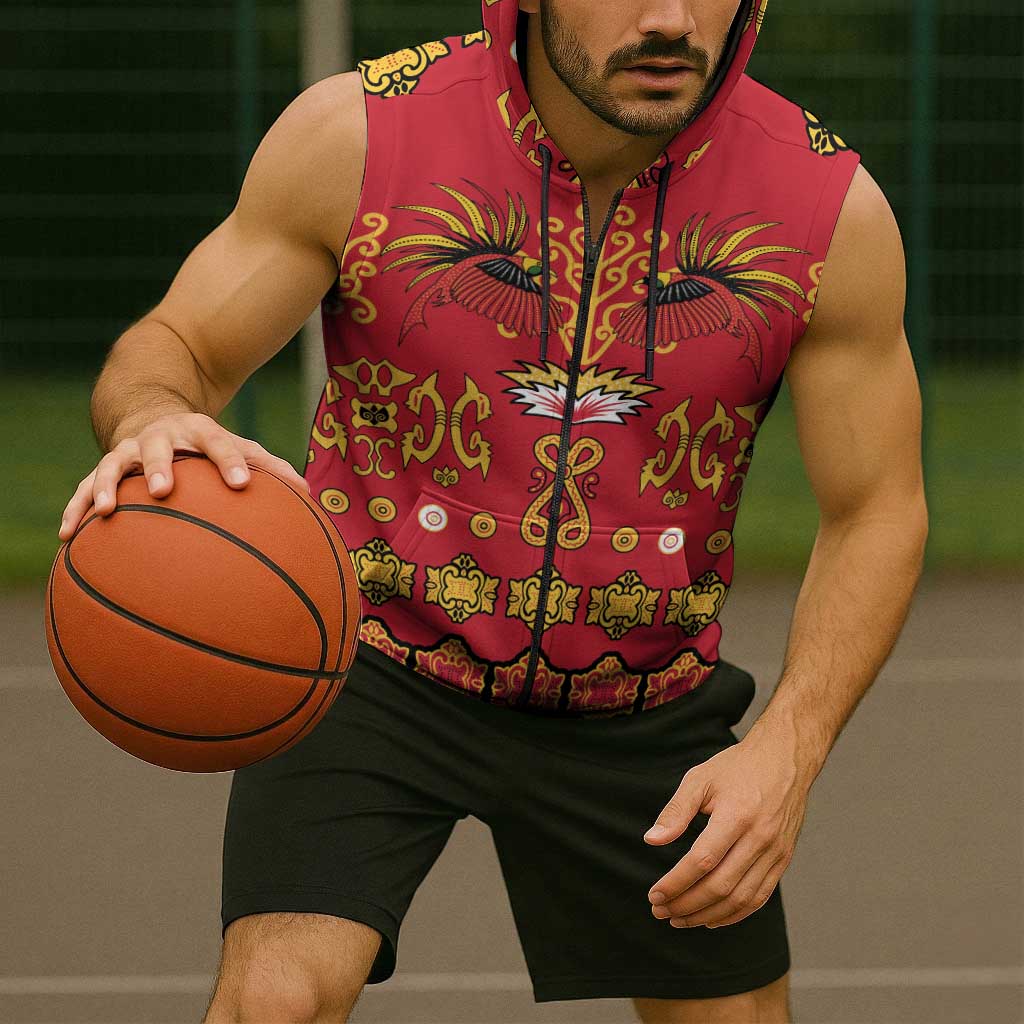 Papua Batik Motif Sleeveless Zip Hoodie Papua Spirit Red Version - Polynesian Pride