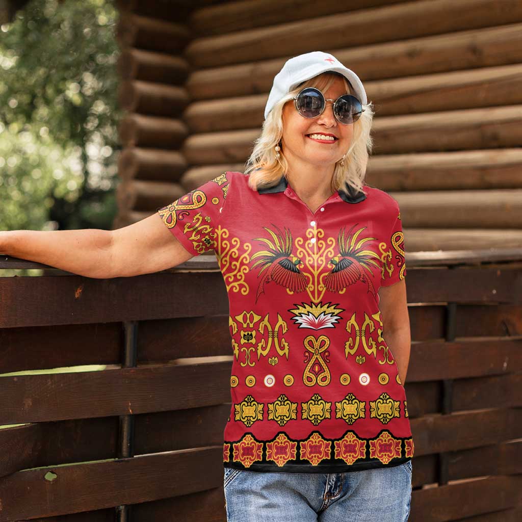 Papua Batik Motif Women Polo Shirt Papua Spirit Red Version - Polynesian Pride
