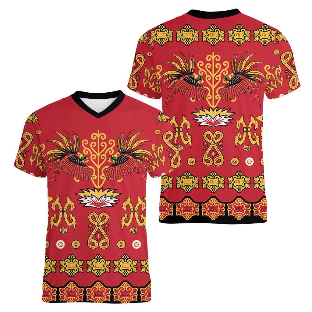 Papua Batik Motif Women V-Neck T-Shirt Papua Spirit Red Version LT05 - Polynesian Pride