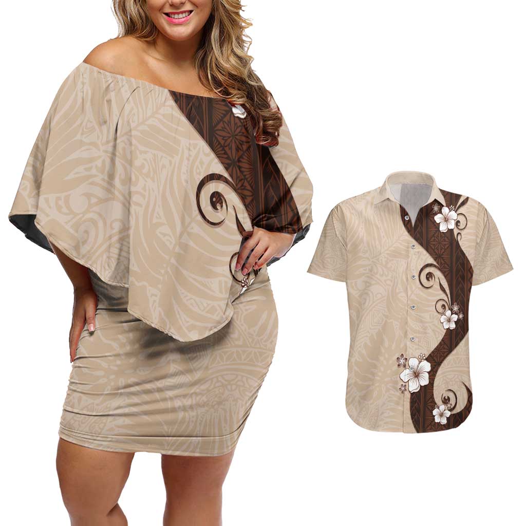Polynesia Hibiscus Couples Matching Off Shoulder Short Dress and Hawaiian Shirt Cameo Curve Motif LT05 Beige - Polynesian Pride