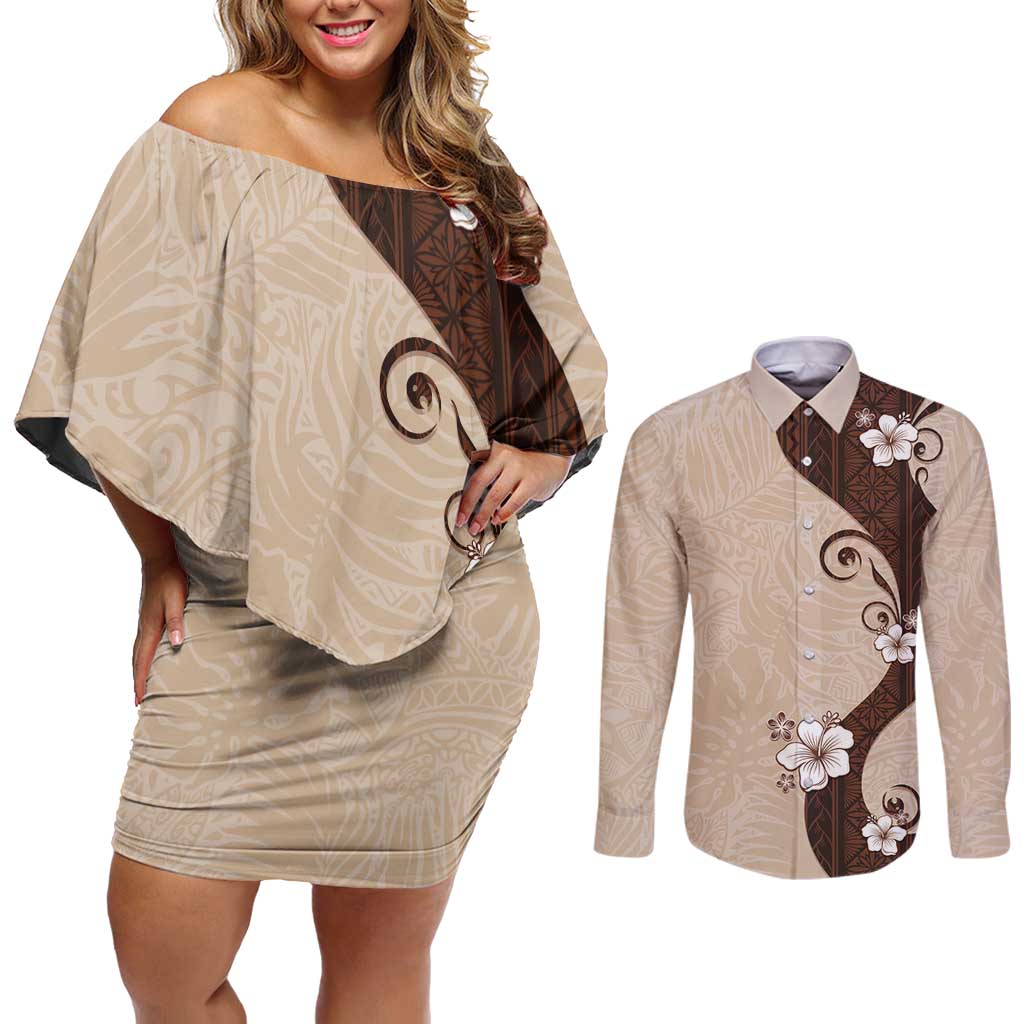 Polynesia Hibiscus Couples Matching Off Shoulder Short Dress and Long Sleeve Button Shirt Cameo Curve Motif LT05 Beige - Polynesian Pride