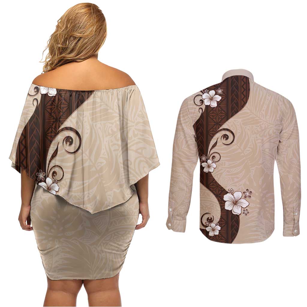 Polynesia Hibiscus Couples Matching Off Shoulder Short Dress and Long Sleeve Button Shirt Cameo Curve Motif LT05 - Polynesian Pride