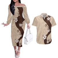 Polynesia Hibiscus Couples Matching Off The Shoulder Long Sleeve Dress and Hawaiian Shirt Cameo Curve Motif LT05 Beige - Polynesian Pride