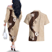 Polynesia Hibiscus Couples Matching Off The Shoulder Long Sleeve Dress and Hawaiian Shirt Cameo Curve Motif LT05 - Polynesian Pride