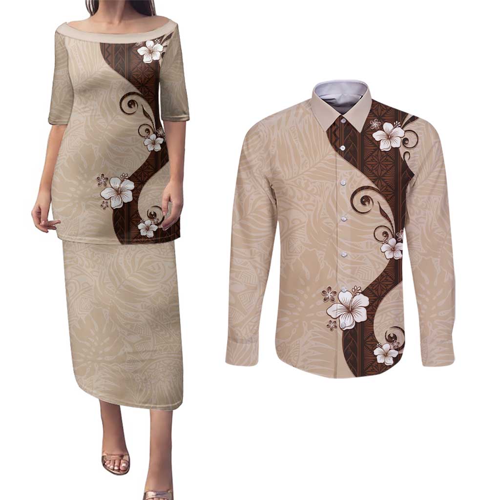 Polynesia Hibiscus Couples Matching Puletasi and Long Sleeve Button Shirt Cameo Curve Motif LT05 Beige - Polynesian Pride