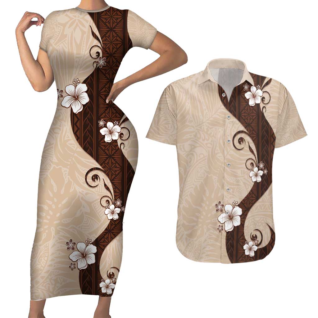 Polynesia Hibiscus Couples Matching Short Sleeve Bodycon Dress and Hawaiian Shirt Cameo Curve Motif LT05 Beige - Polynesian Pride