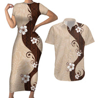 Polynesia Hibiscus Couples Matching Short Sleeve Bodycon Dress and Hawaiian Shirt Cameo Curve Motif LT05 Beige - Polynesian Pride