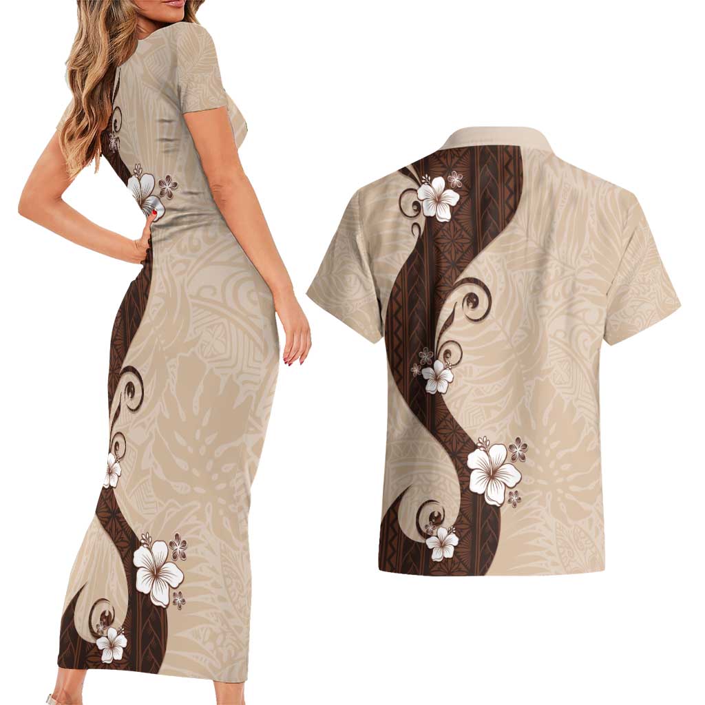 Polynesia Hibiscus Couples Matching Short Sleeve Bodycon Dress and Hawaiian Shirt Cameo Curve Motif LT05 - Polynesian Pride