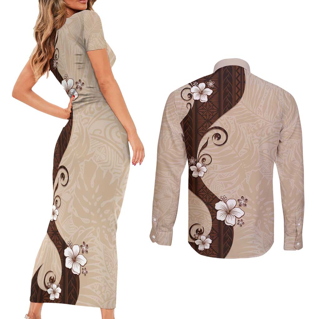 Polynesia Hibiscus Couples Matching Short Sleeve Bodycon Dress and Long Sleeve Button Shirt Cameo Curve Motif - Polynesian Pride