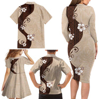 Polynesia Hibiscus Family Matching Long Sleeve Bodycon Dress and Hawaiian Shirt Cameo Curve Motif LT05 - Polynesian Pride