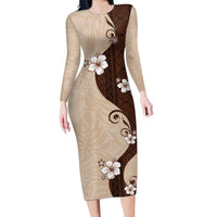 Polynesia Hibiscus Family Matching Long Sleeve Bodycon Dress and Hawaiian Shirt Cameo Curve Motif LT05 Mom's Dress Beige - Polynesian Pride
