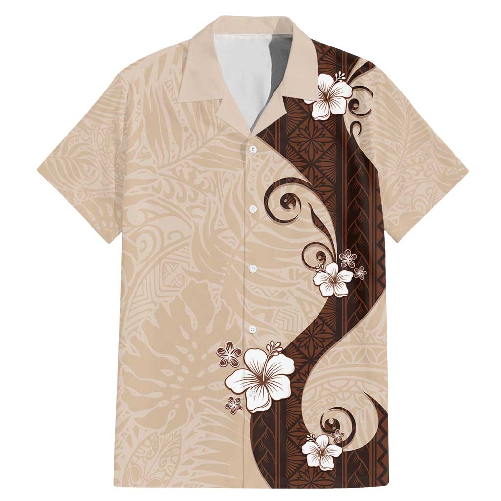 Polynesia Hibiscus Family Matching Mermaid Dress and Hawaiian Shirt Cameo Curve Motif LT05 Dad's Shirt - Short Sleeve Beige - Polynesian Pride