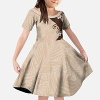 Polynesia Hibiscus Family Matching Off The Shoulder Long Sleeve Dress and Hawaiian Shirt Cameo Curve Motif LT05 Daughter's Dress Beige - Polynesian Pride