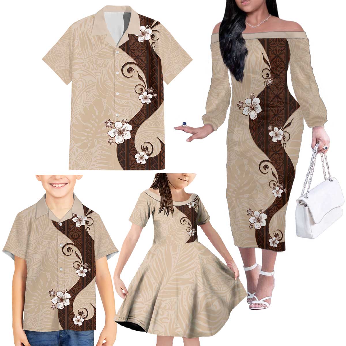 Polynesia Hibiscus Family Matching Off The Shoulder Long Sleeve Dress and Hawaiian Shirt Cameo Curve Motif LT05 - Polynesian Pride