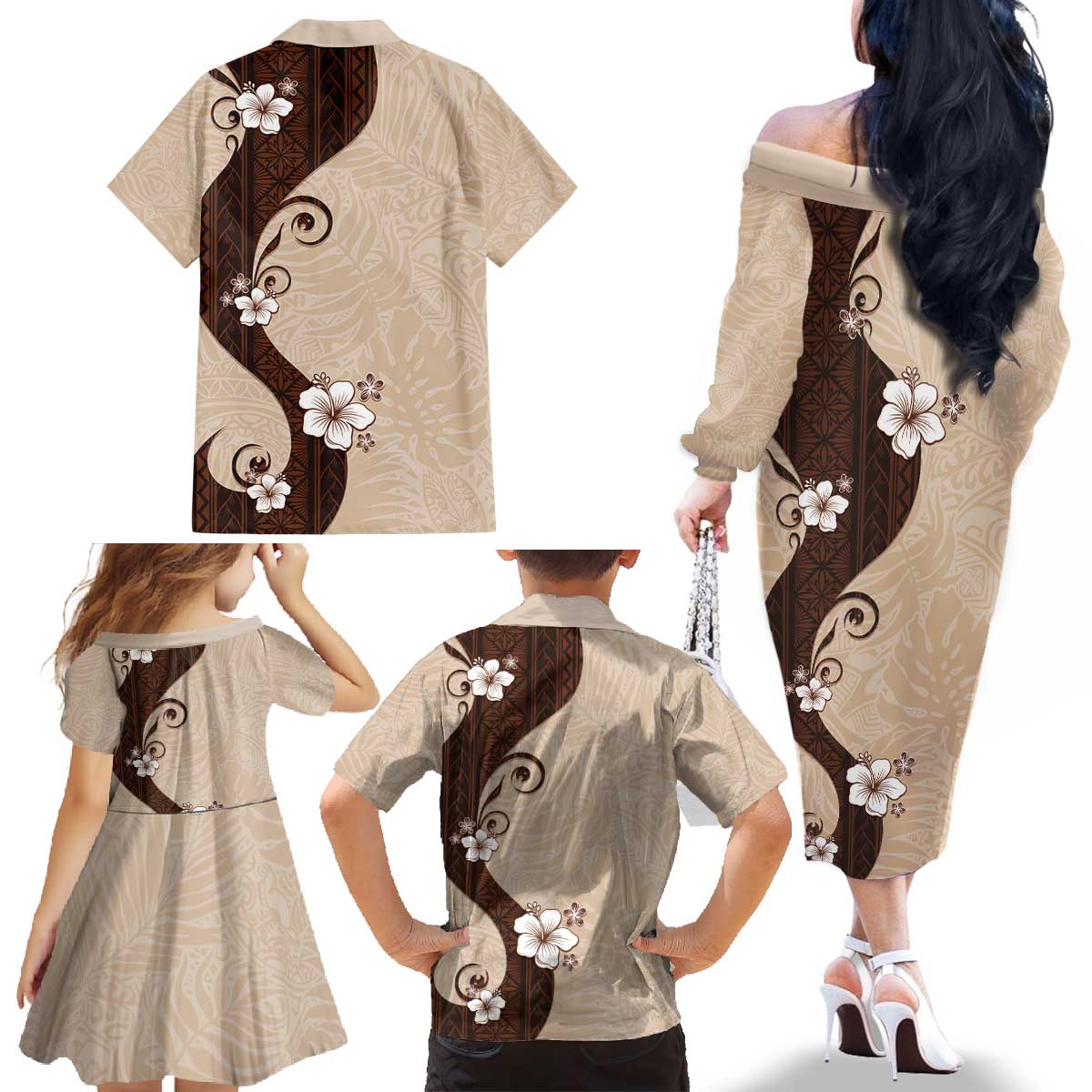 Polynesia Hibiscus Family Matching Off The Shoulder Long Sleeve Dress and Hawaiian Shirt Cameo Curve Motif LT05 - Polynesian Pride