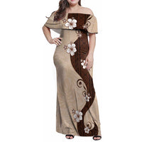 Polynesia Hibiscus Family Matching Off Shoulder Maxi Dress and Hawaiian Shirt Cameo Curve Motif LT05 Mom's Dress Beige - Polynesian Pride