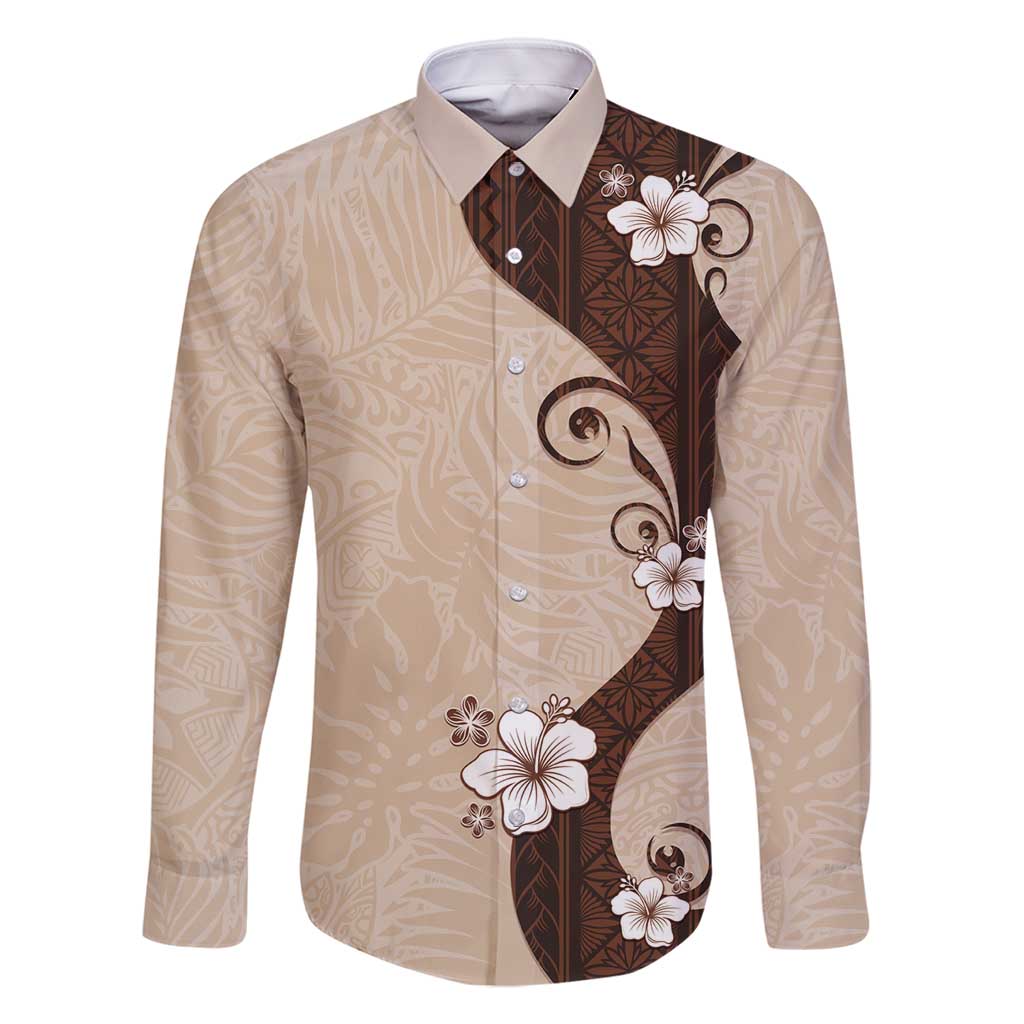 Polynesia Hibiscus Family Matching Off Shoulder Short Dress and Hawaiian Shirt Cameo Curve Motif LT05 Dad's Shirt - Long Sleeve Beige - Polynesian Pride