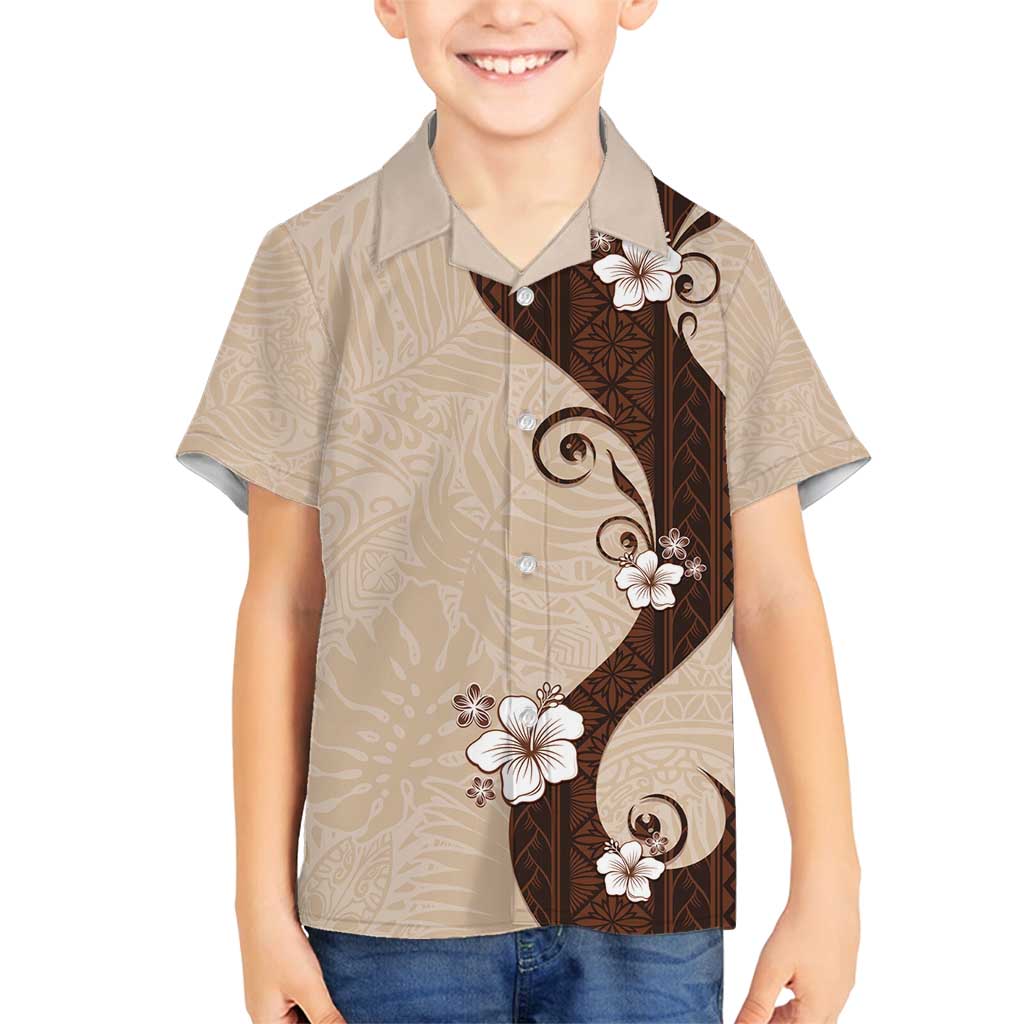 Polynesia Hibiscus Family Matching Off Shoulder Short Dress and Hawaiian Shirt Cameo Curve Motif LT05 Son's Shirt Beige - Polynesian Pride