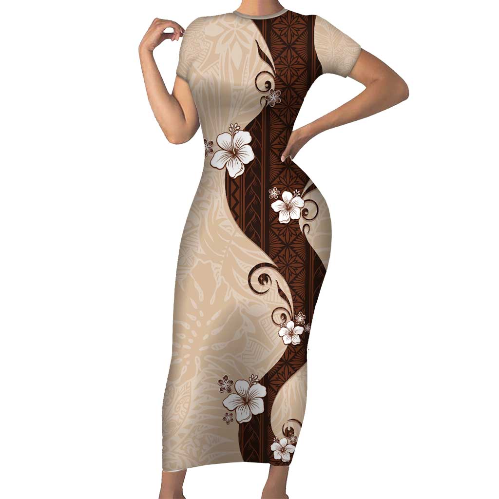Polynesia Hibiscus Family Matching Short Sleeve Bodycon Dress and Hawaiian Shirt Cameo Curve Motif LT05 Mom's Dress Beige - Polynesian Pride