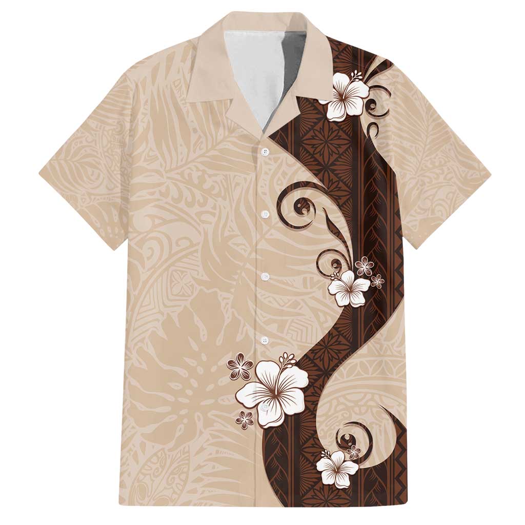 Polynesia Hibiscus Family Matching Summer Maxi Dress and Hawaiian Shirt Cameo Curve Motif LT05 Dad's Shirt - Short Sleeve Beige - Polynesian Pride