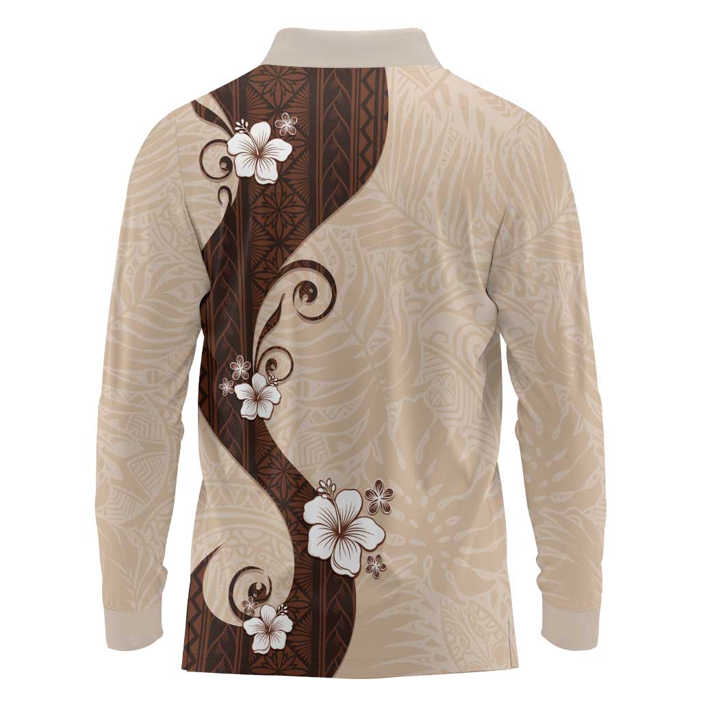 Polynesia Hibiscus Long Sleeve Polo Shirt Cameo Curve Motif - Polynesian Pride