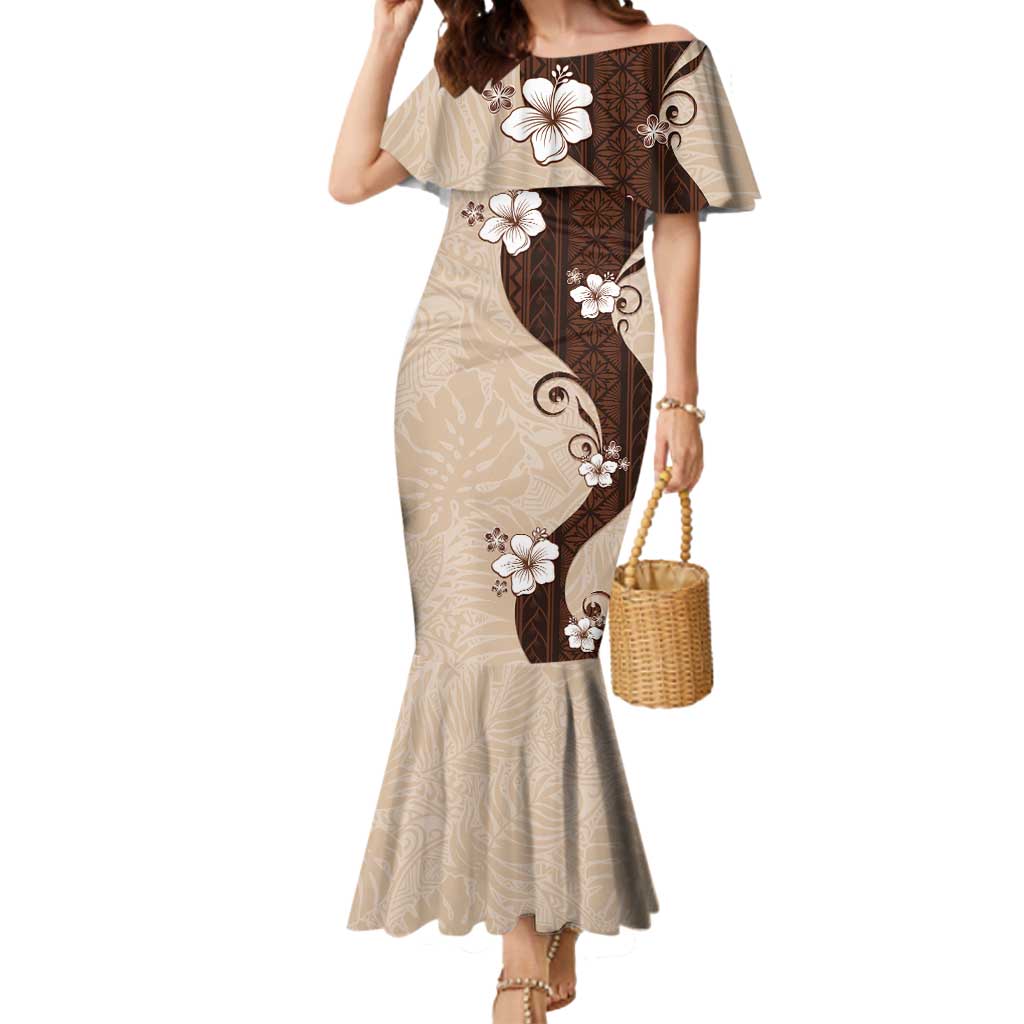 Polynesia Hibiscus Mermaid Dress Cameo Curve Motif LT05 Women Beige - Polynesian Pride