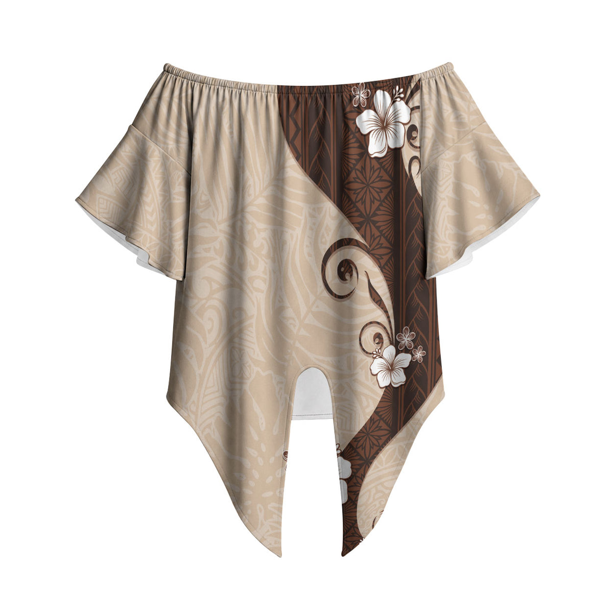 Polynesia Hibiscus Off Shoulder Wrap Waist Top Cameo Curve Motif LT05 Beige - Polynesian Pride