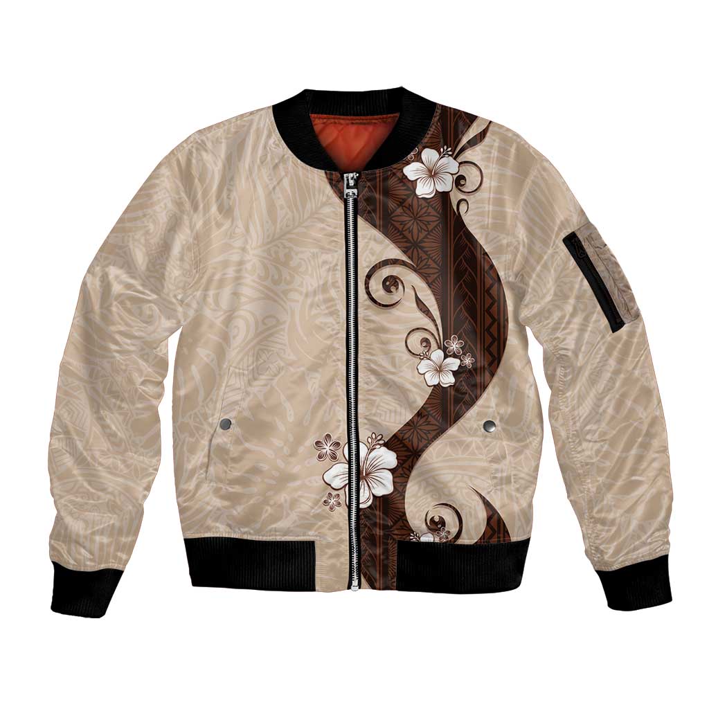 Polynesia Hibiscus Sleeve Zip Bomber Jacket Cameo Curve Motif LT05 Unisex Beige - Polynesian Pride