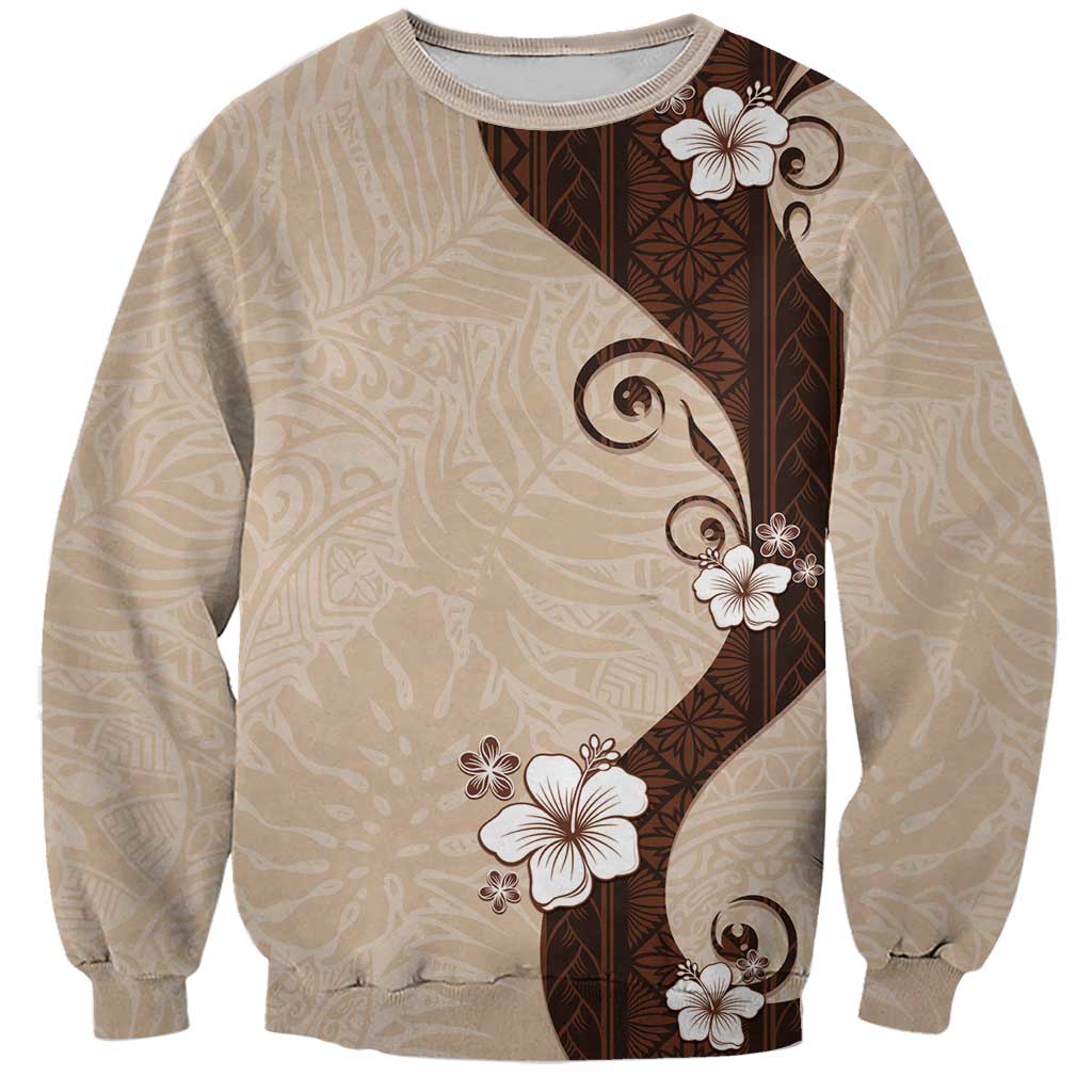 Polynesia Hibiscus Sweatshirt Cameo Curve Motif LT05 Unisex Beige - Polynesian Pride