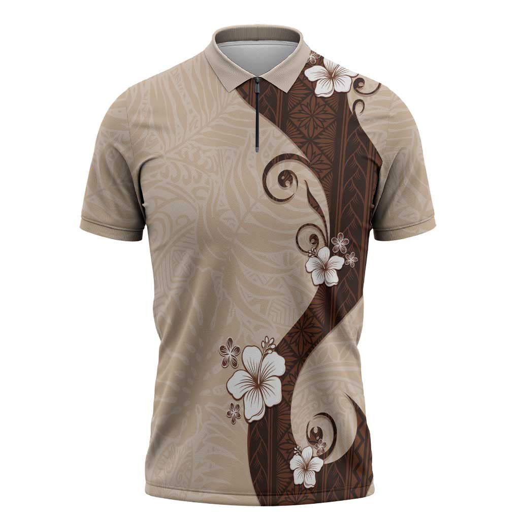 Polynesia Hibiscus Zipper Polo Shirt Cameo Curve Motif LT05 Beige - Polynesian Pride