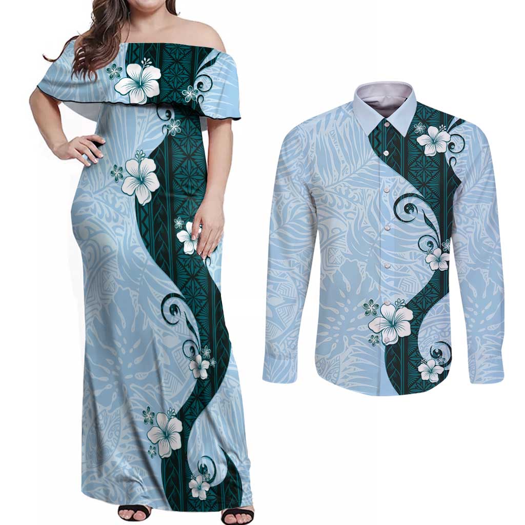 Polynesia Hibiscus Couples Matching Off Shoulder Maxi Dress and Long Sleeve Button Shirt Sky Blue Curve Motif - Polynesian Pride