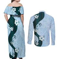 Polynesia Hibiscus Couples Matching Off Shoulder Maxi Dress and Long Sleeve Button Shirt Sky Blue Curve Motif - Polynesian Pride